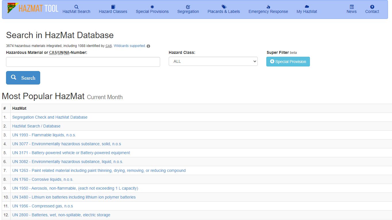 HazMat Search / Database – HazMat Tool